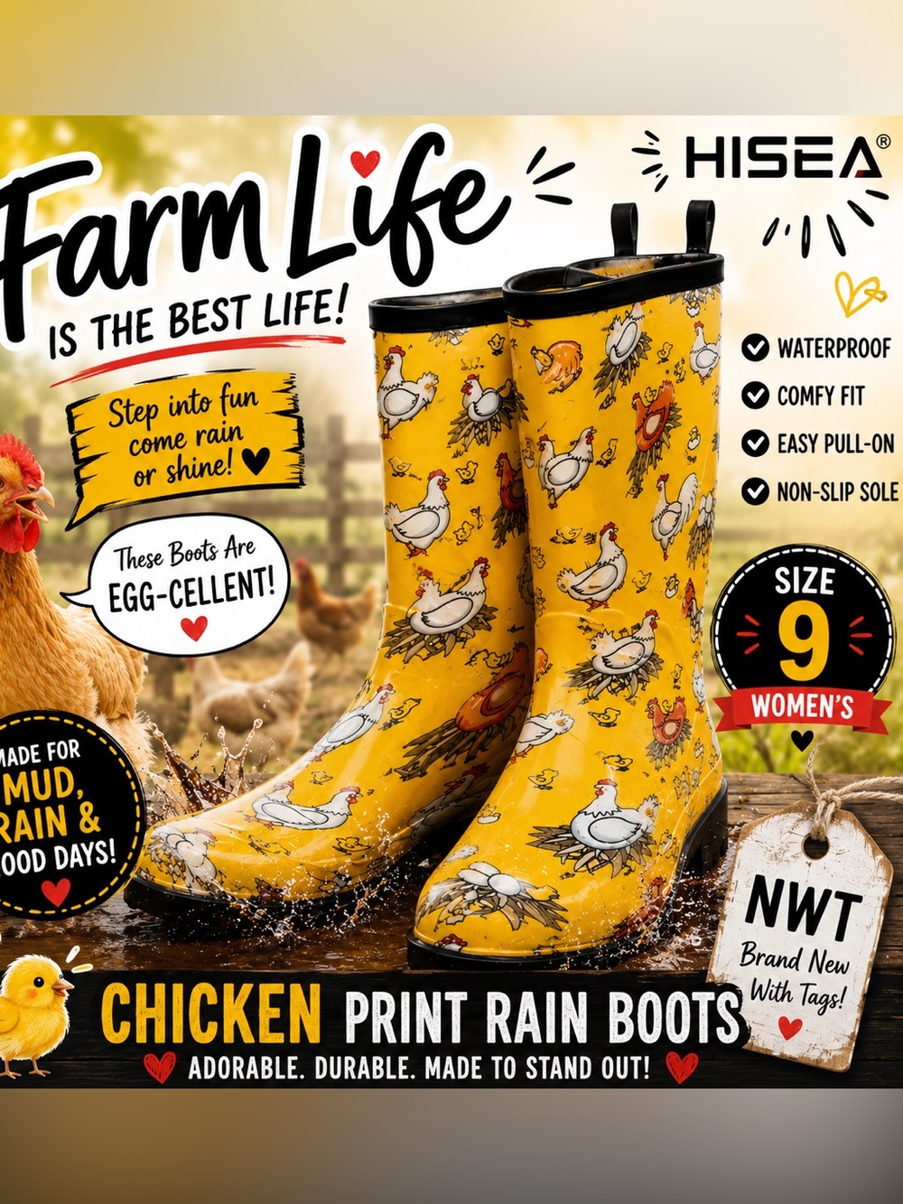 NWT HISEA Yellow Chicken Print Waterproof Mid-Calf Rain Boots Women’s Size 9